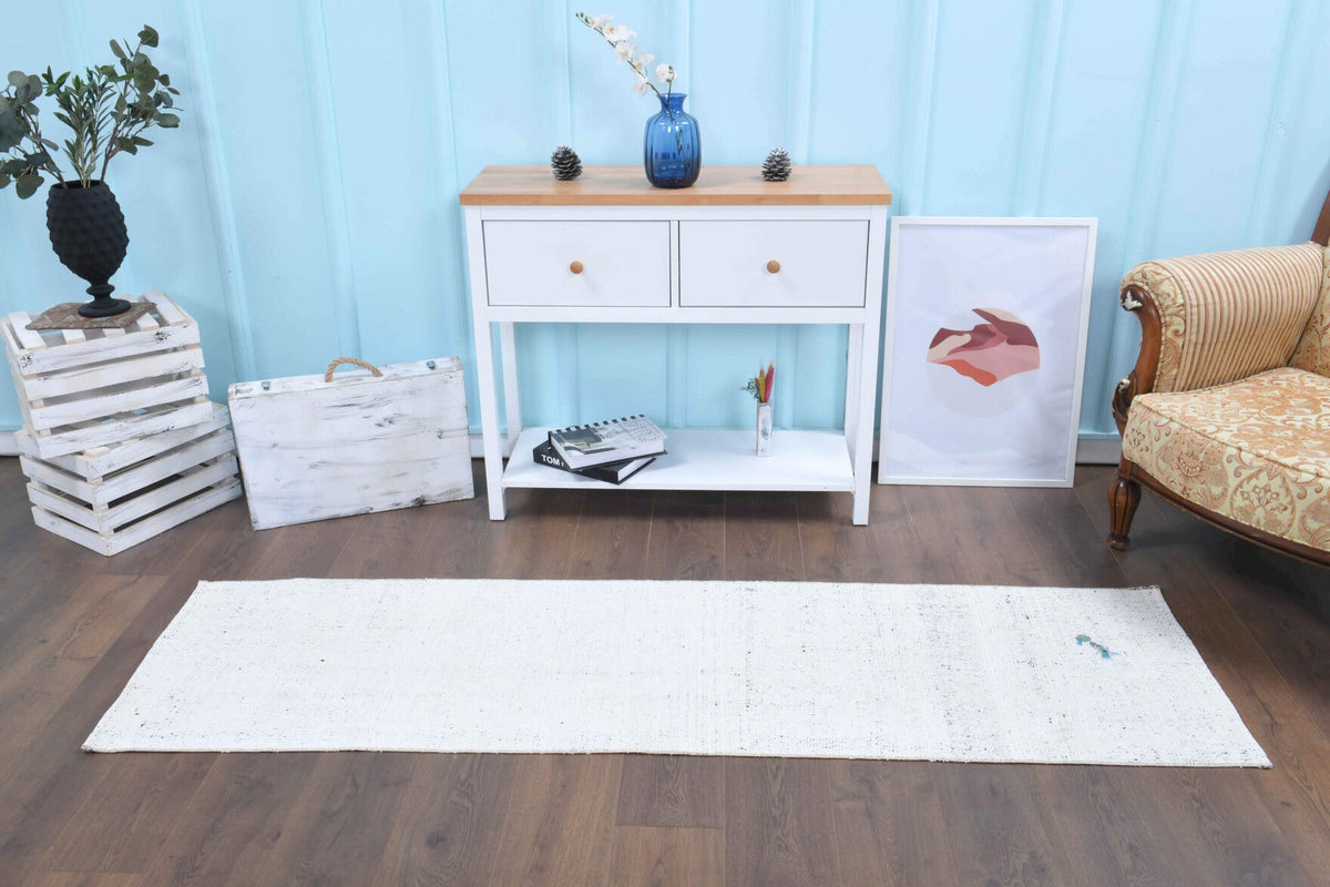 El yapımı vintage yolluk 61x224 cm kilim desenli yün - yakın çekim doku detayı