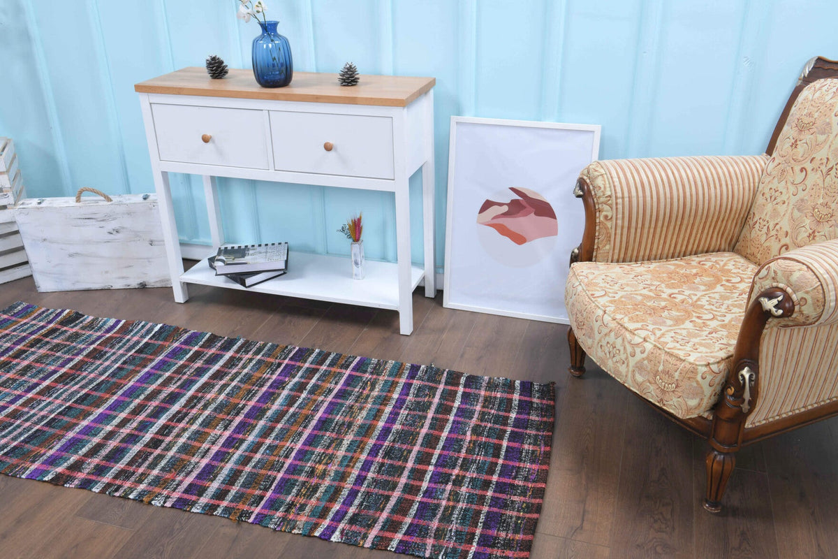 El yapımı vintage yolluk 81x218 cm çizgili desenli yün - yakın çekim doku detayı