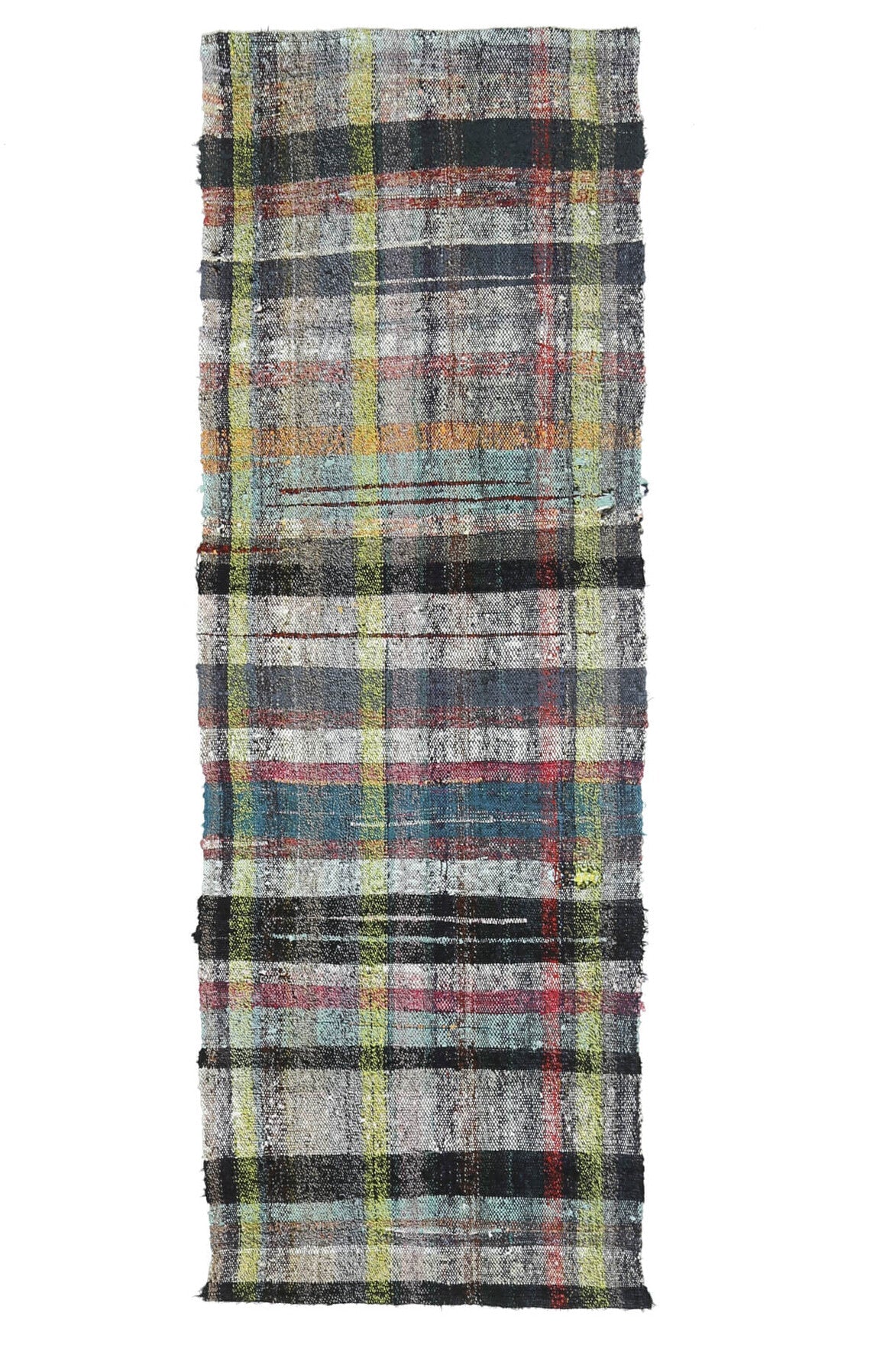 El yapımı vintage yolluk 79x234 cm kareli desenli yün - ışık altında renk detayı