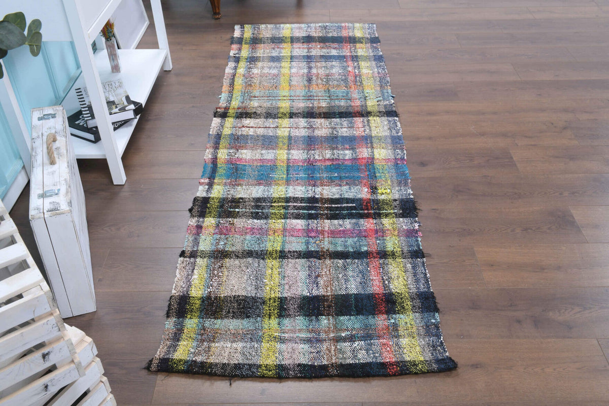 El yapımı vintage yolluk 79x234 cm kareli desenli yün - detay görünümü