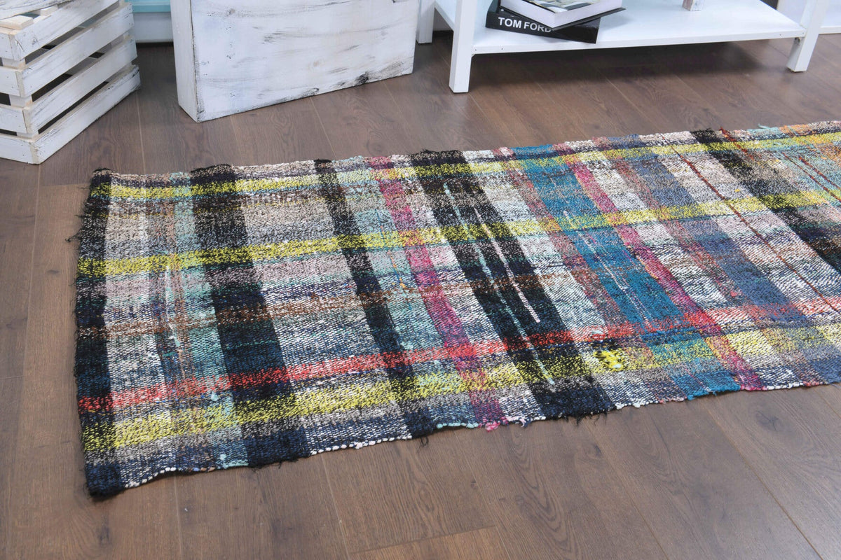 El yapımı vintage yolluk 79x234 cm kareli desenli yün - yakın çekim doku detayı