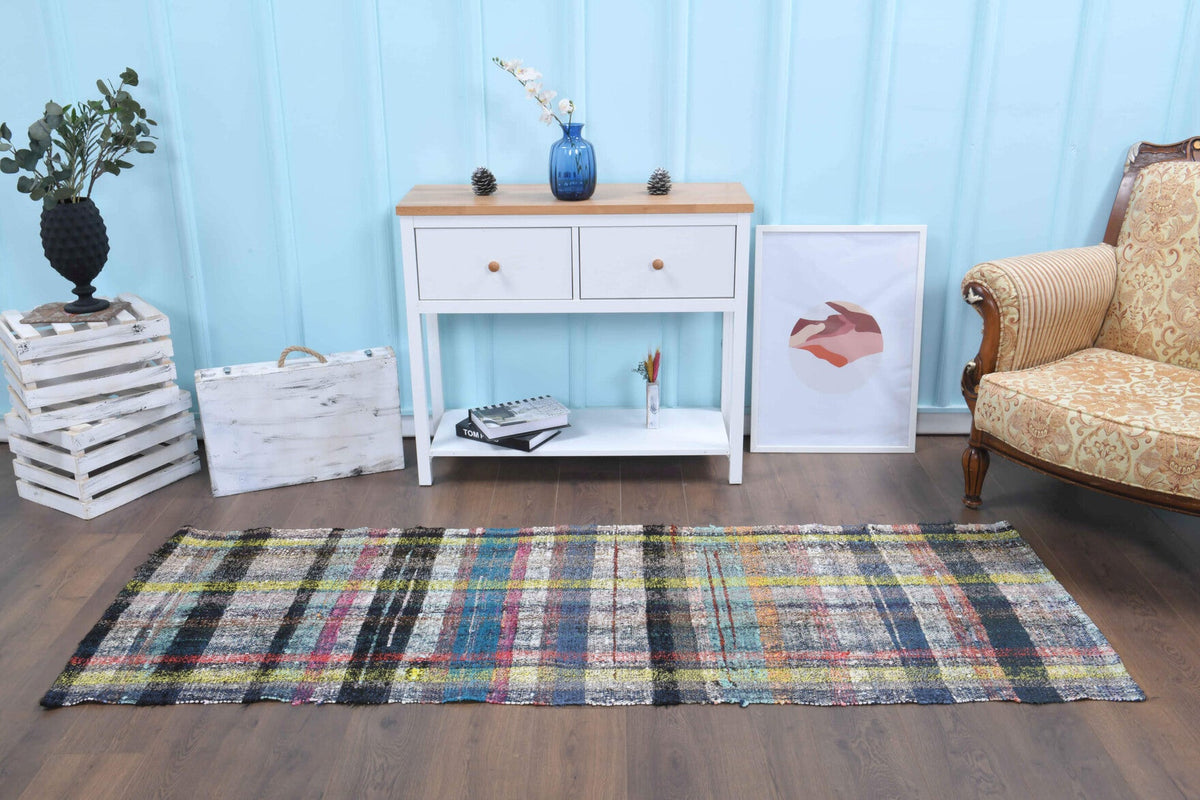 El yapımı vintage yolluk 79x234 cm kareli desenli yün - kenar ve saçak detayı