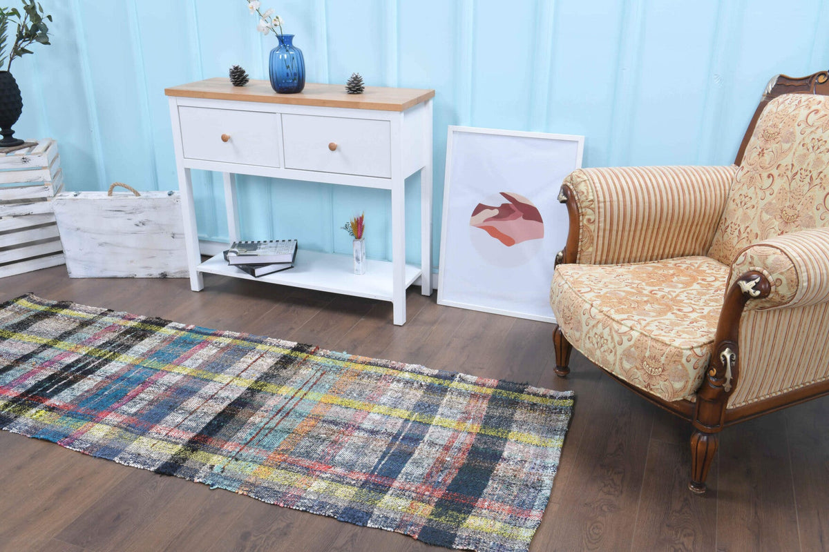 El yapımı vintage yolluk 79x234 cm kareli desenli yün - desen detayı