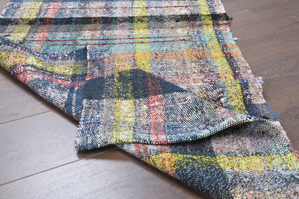 El yapımı vintage yolluk 79x234 cm kareli desenli yün - farklı açıdan görünüm