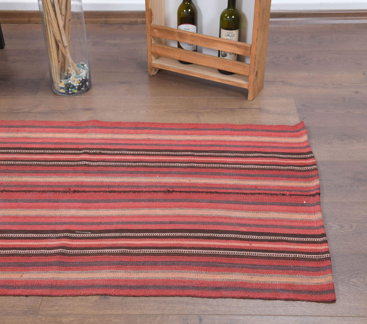 El yapımı vintage yolluk 76x310 cm çizgili desenli yün - üstten görünüm