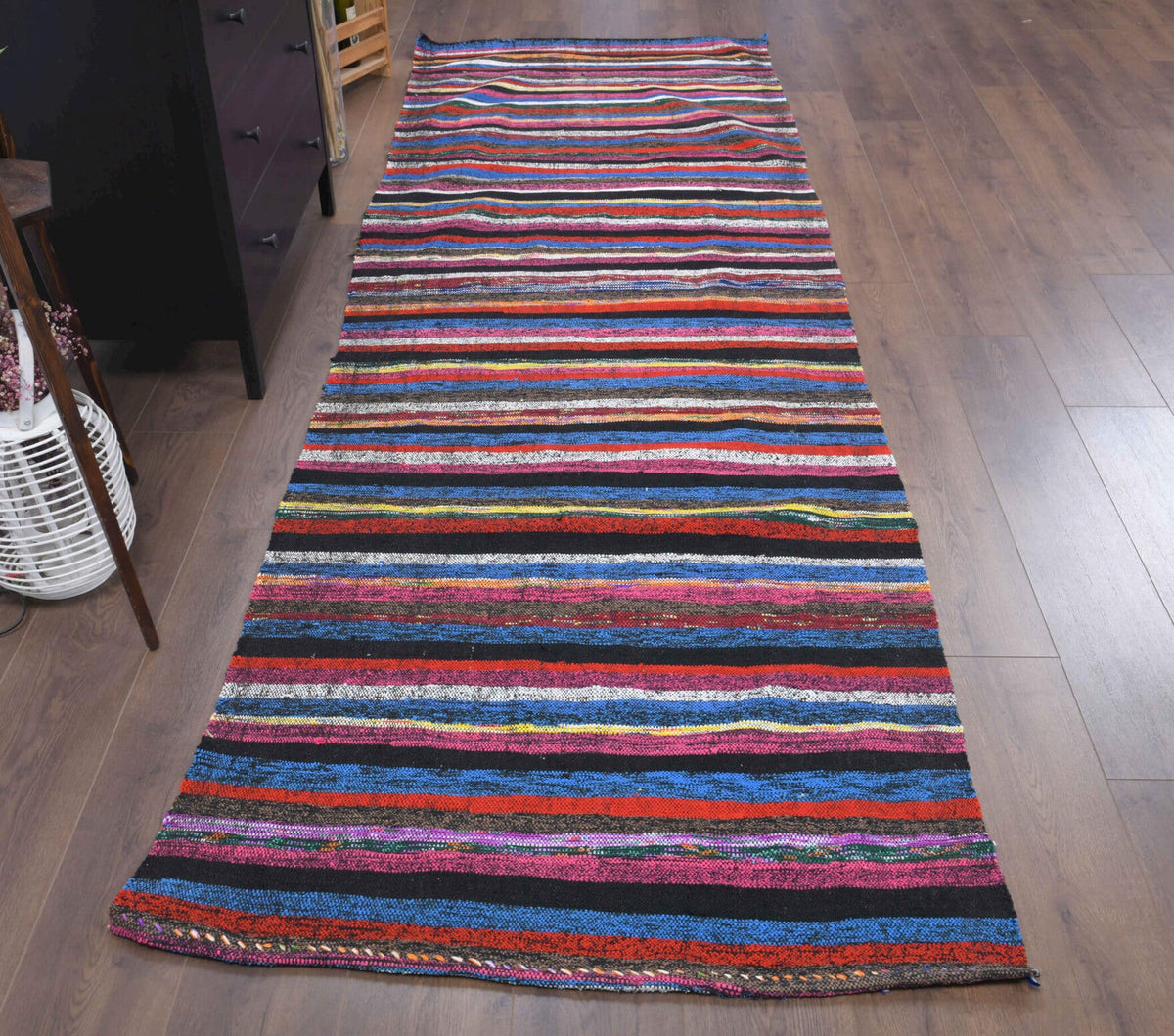 El yapımı vintage yolluk 107x335 cm çizgili desenli yün - detay görünümü