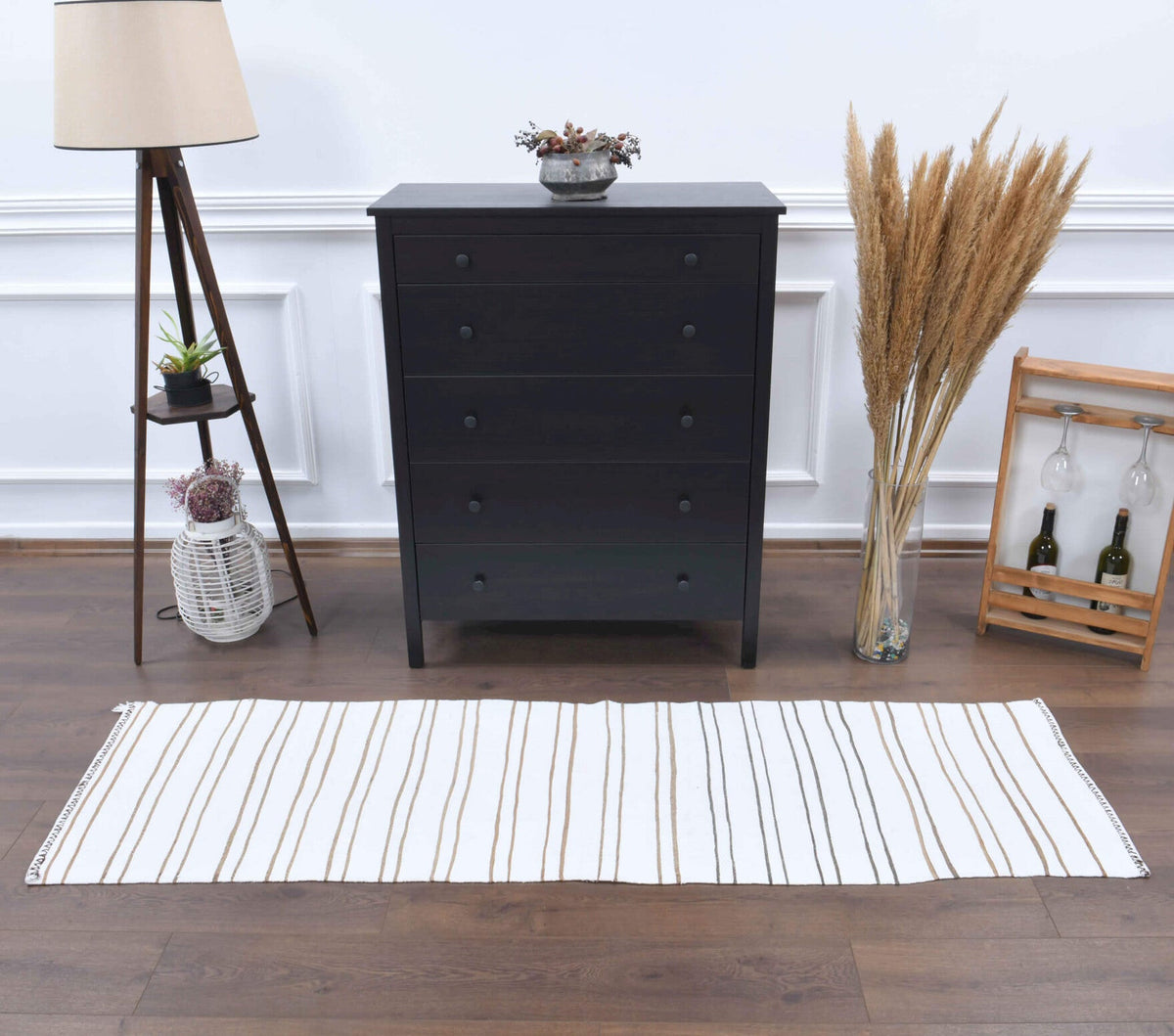 El yapımı vintage yolluk 61x216 cm çizgili desenli yün - yakın çekim doku detayı