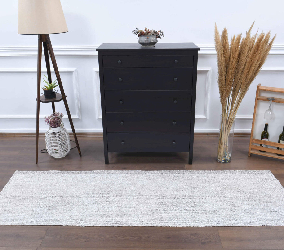 El yapımı vintage yolluk 79x241 cm kilim desenli yün - kenar ve saçak detayı
