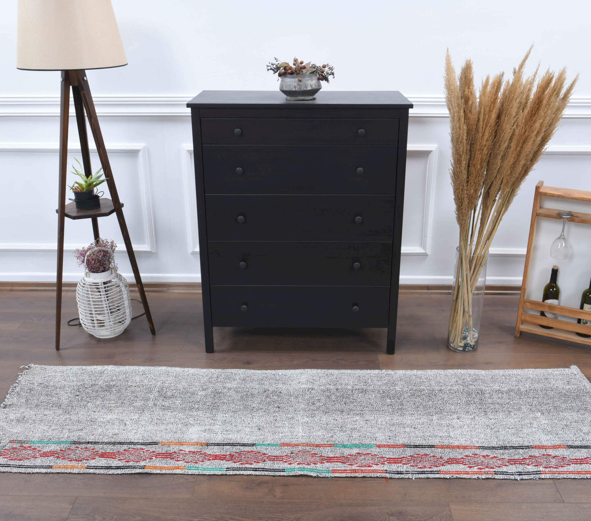 Gray Ethnic Vintage Kilim Runner Rug