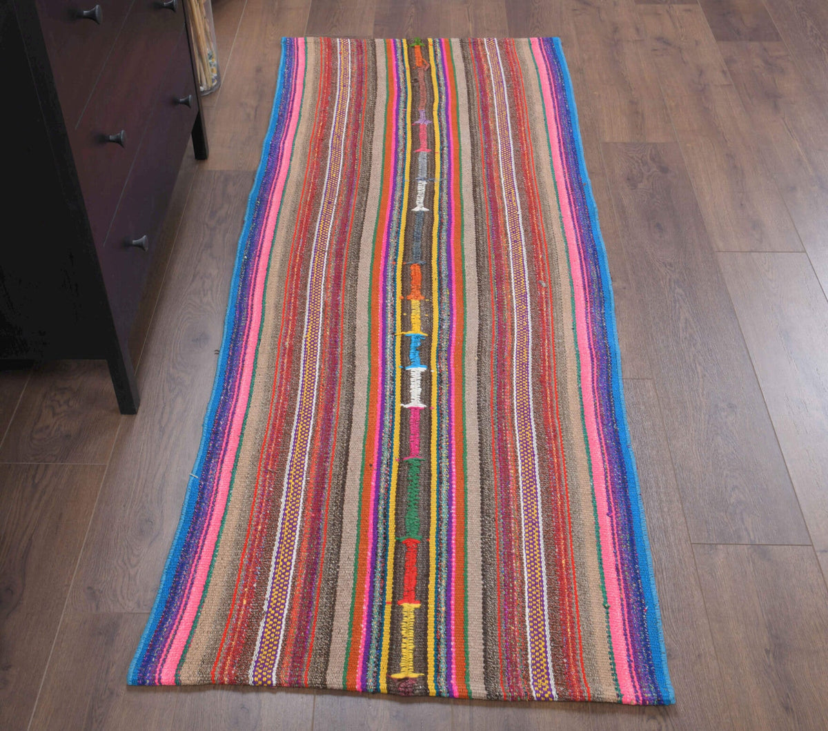 El yapımı vintage halı 76x198 cm kilim desenli yün - detay görünümü