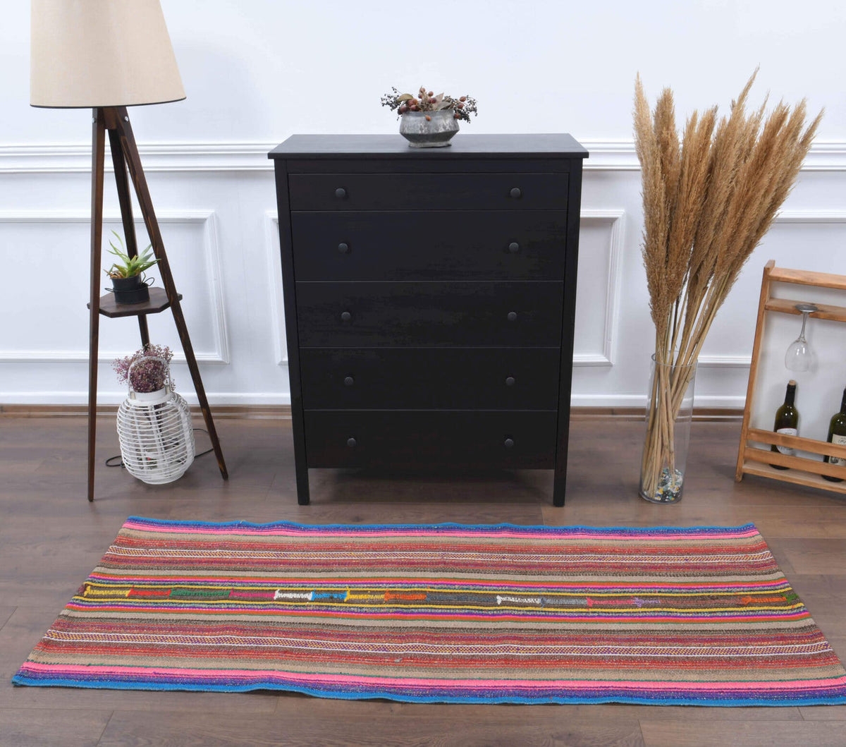 El yapımı vintage halı 76x198 cm kilim desenli yün - kenar ve saçak detayı