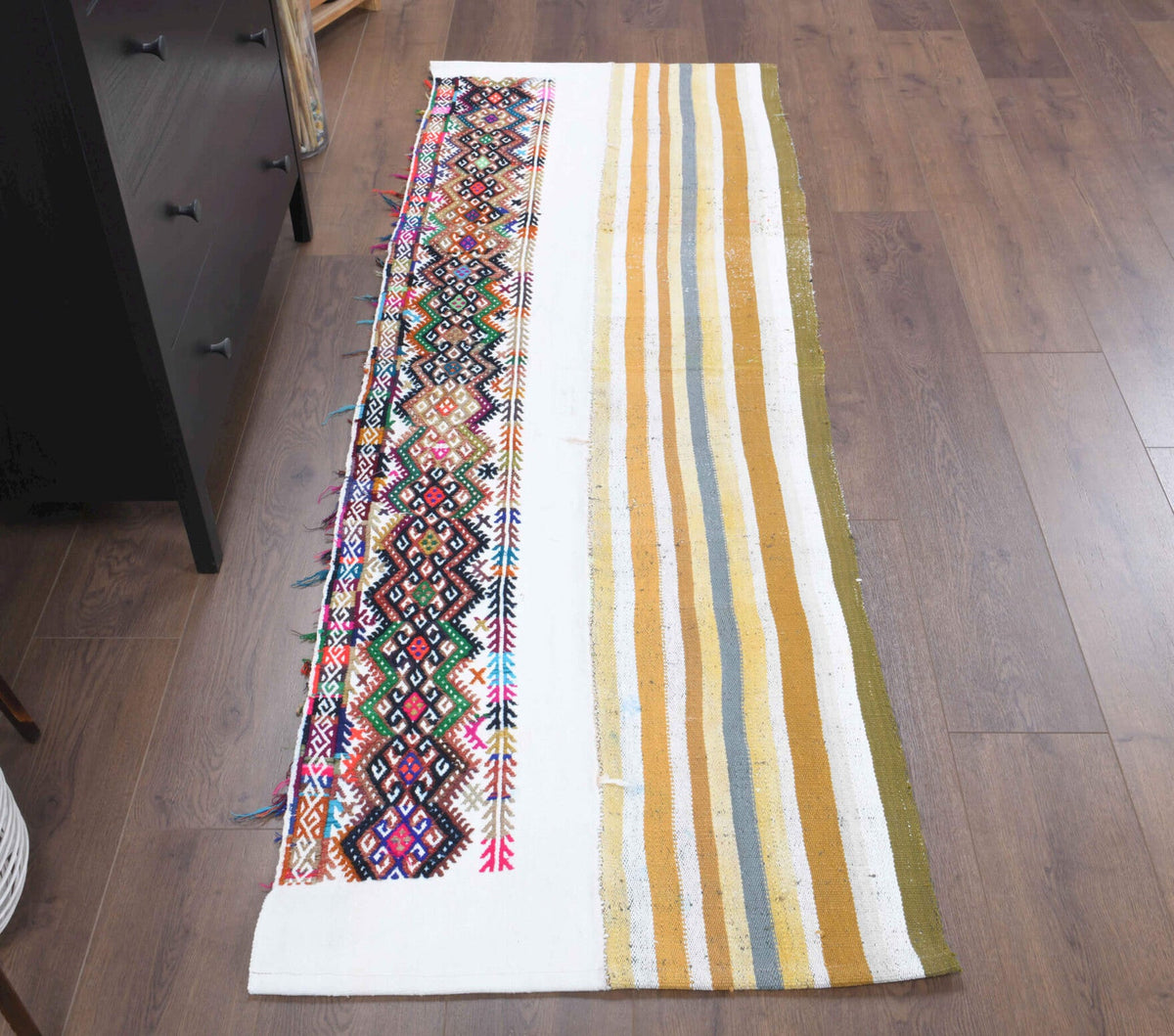 El yapımı vintage yolluk 76x213 cm çizgili desenli yün - detay görünümü