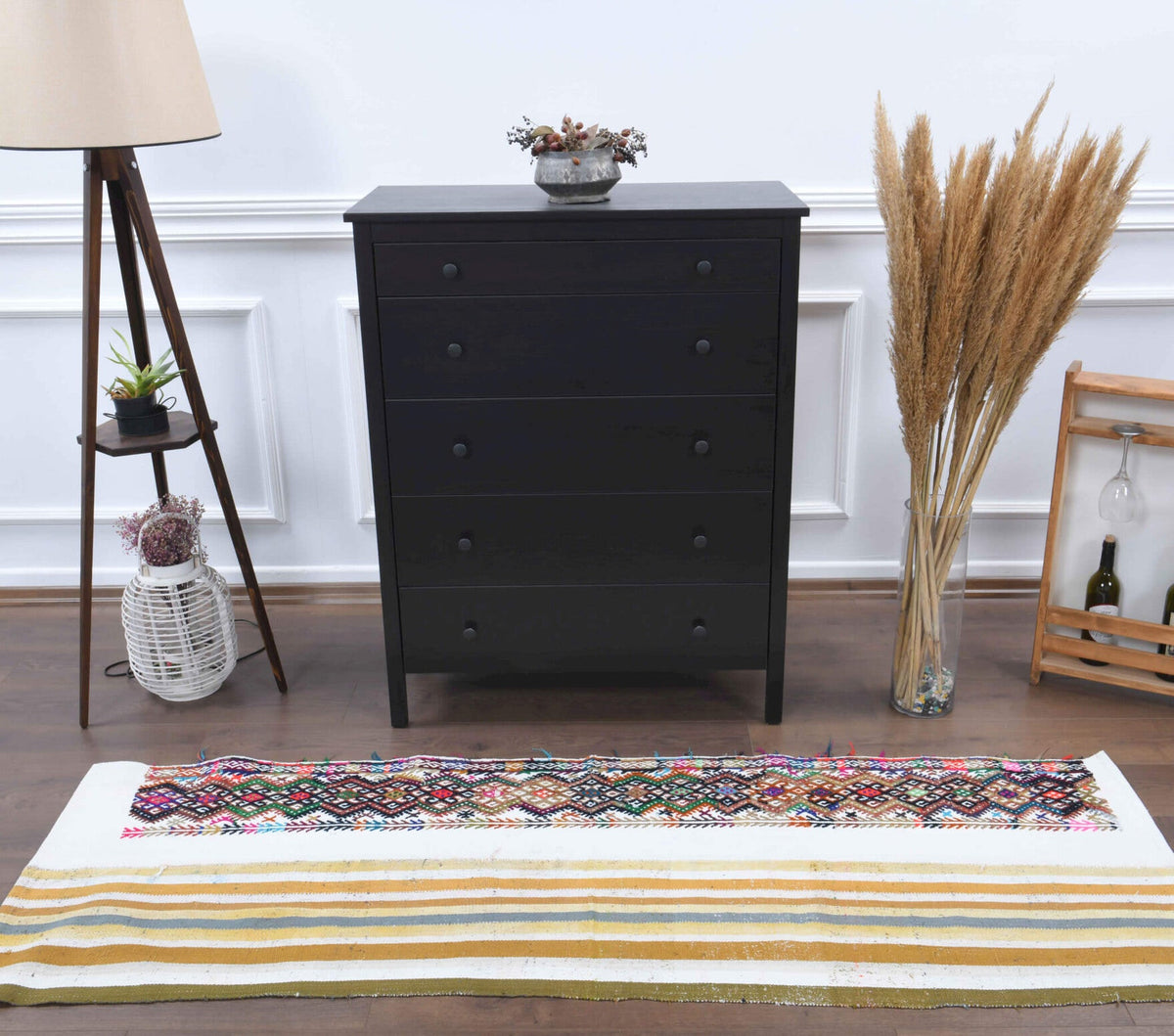 El yapımı vintage yolluk 76x213 cm çizgili desenli yün - üstten görünüm