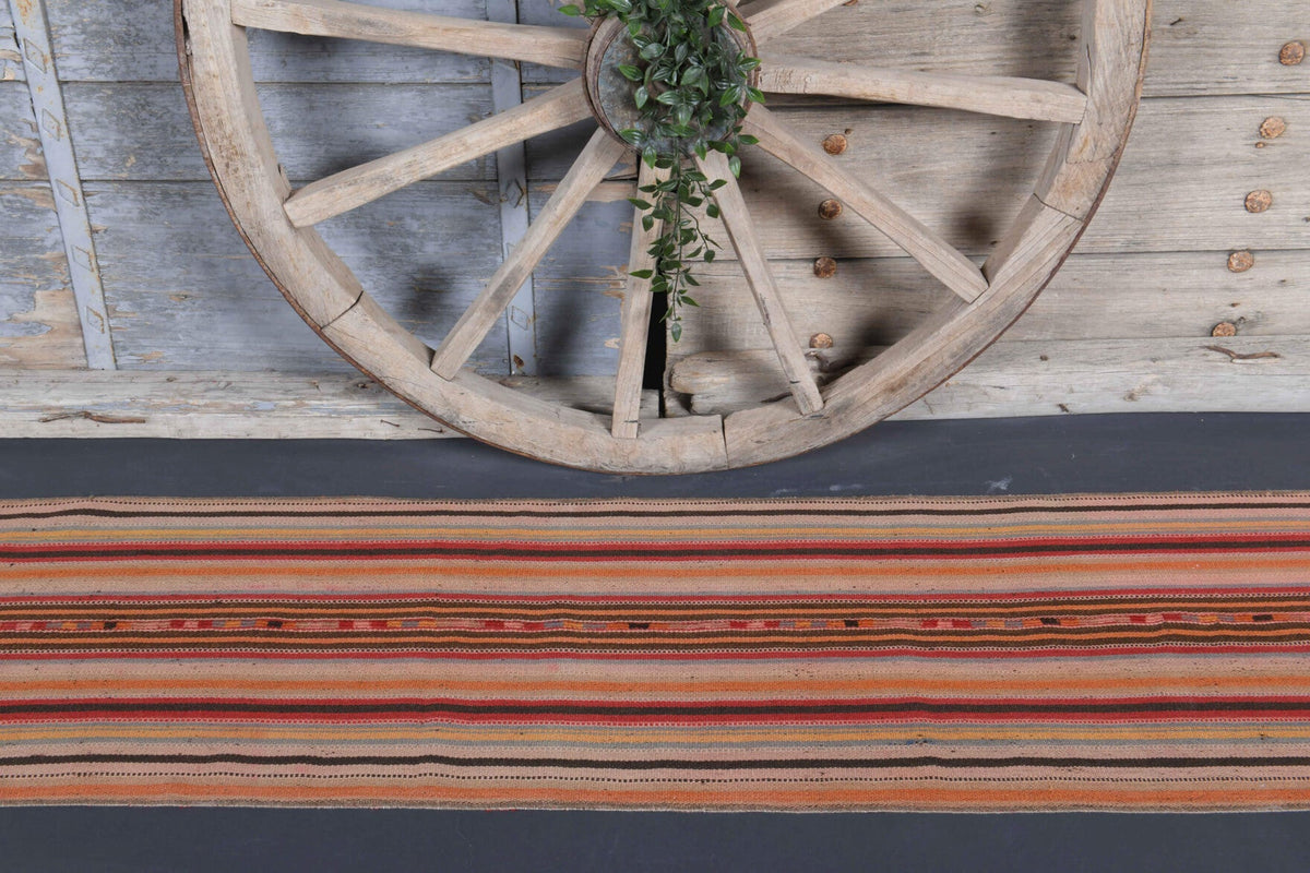 El yapımı vintage yolluk 51x218 cm çizgili desenli yün - yakın çekim doku detayı