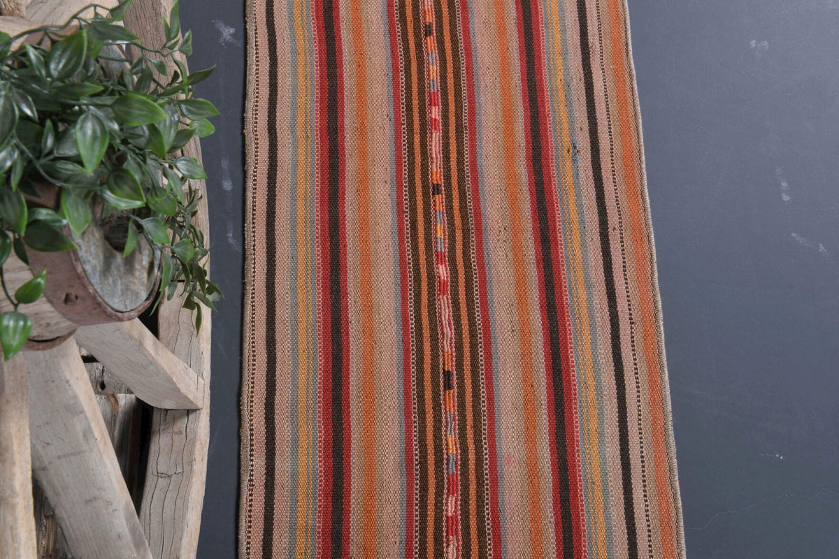 El yapımı vintage yolluk 51x218 cm çizgili desenli yün - kenar ve saçak detayı