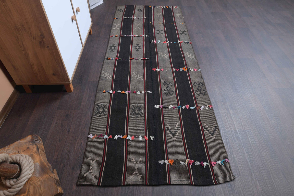 El yapımı vintage yolluk 86x234 cm çizgili desenli yün - yakın çekim doku detayı