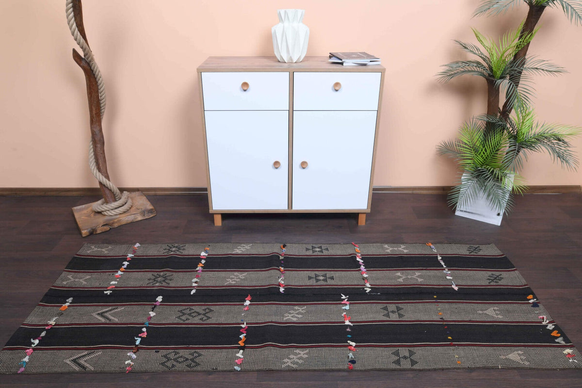 El yapımı vintage yolluk 86x234 cm çizgili desenli yün - kenar ve saçak detayı