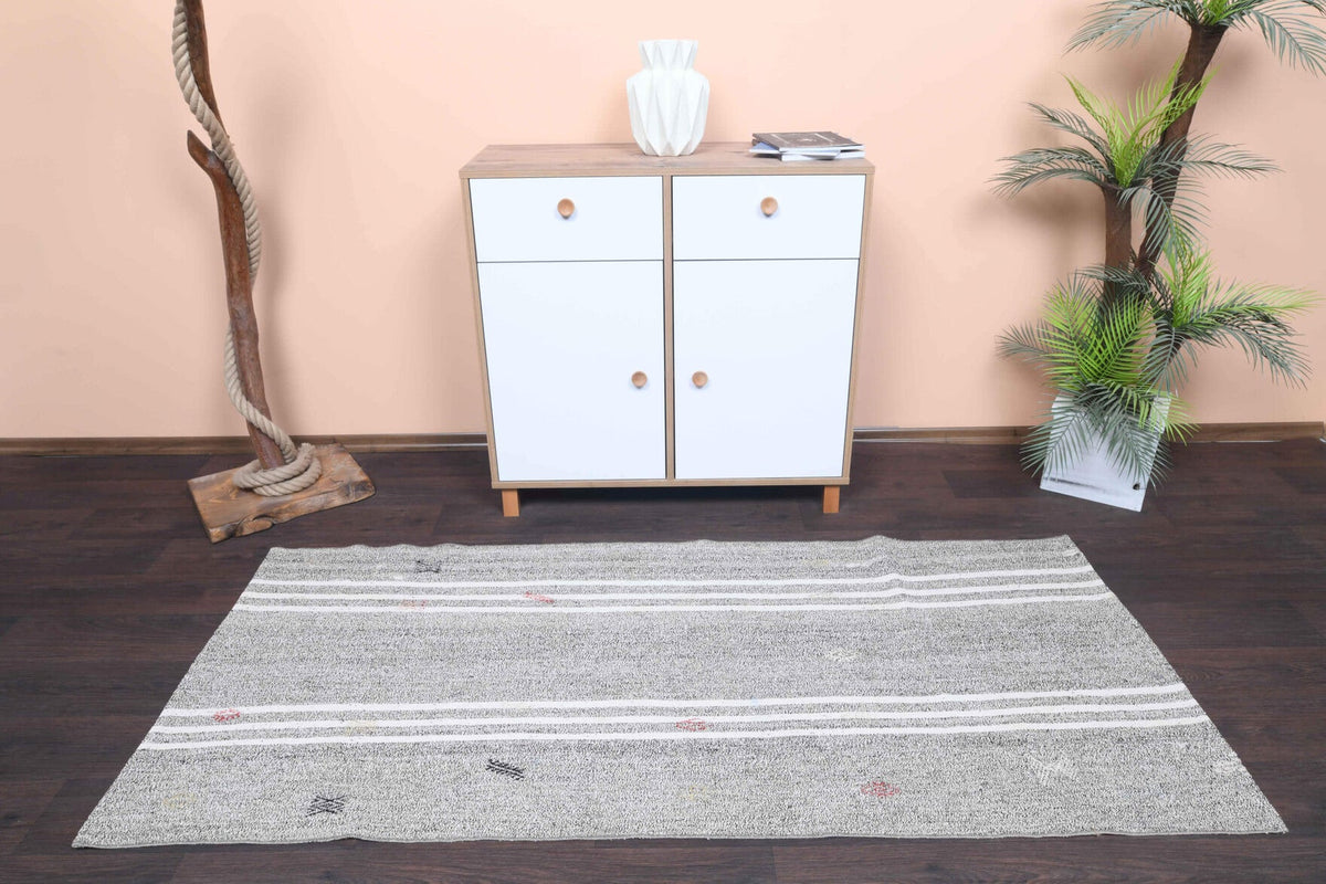 El yapımı vintage yolluk 94x211 cm çizgili desenli yün - kenar ve saçak detayı