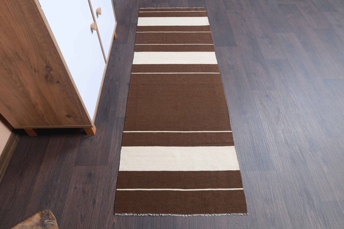 El yapımı vintage yolluk 61x178 cm kilim desenli yün - yakın çekim doku detayı