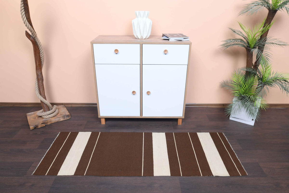 El yapımı vintage yolluk 61x178 cm kilim desenli yün - kenar ve saçak detayı