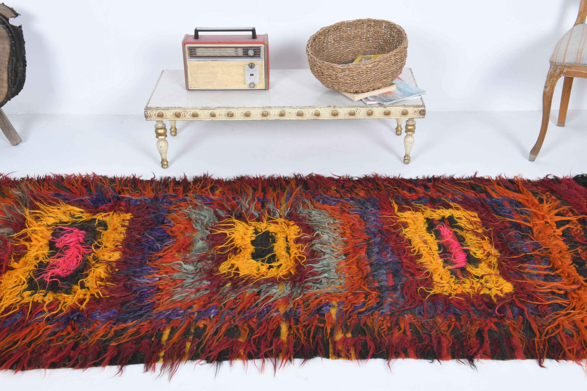 El yapımı vintage yolluk 102x246 cm çizgili desenli yün - üstten görünüm