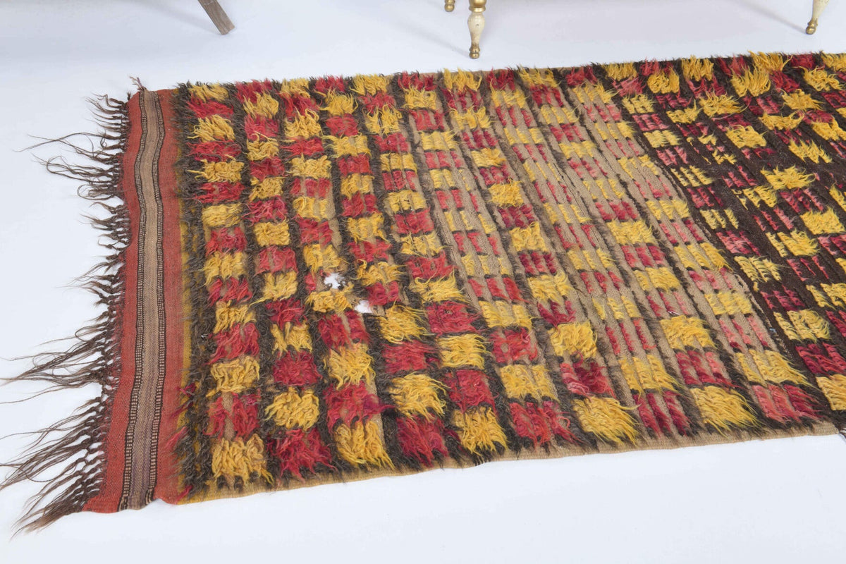 El yapımı vintage yolluk 137x307 cm i̇kat desenli yün - kenar ve saçak detayı
