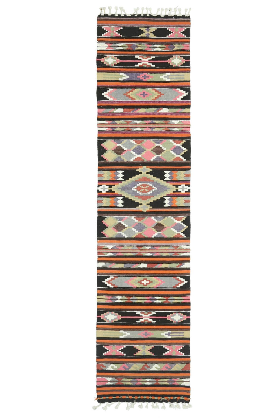 El yapımı vintage yolluk 71x318 cm çizgili desenli yün - üstten görünüm