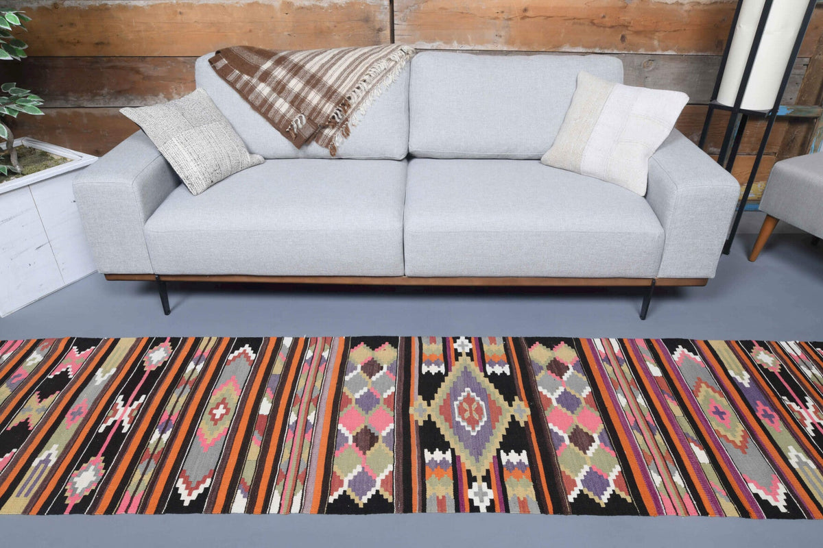 El yapımı vintage yolluk 71x318 cm çizgili desenli yün - kenar ve saçak detayı
