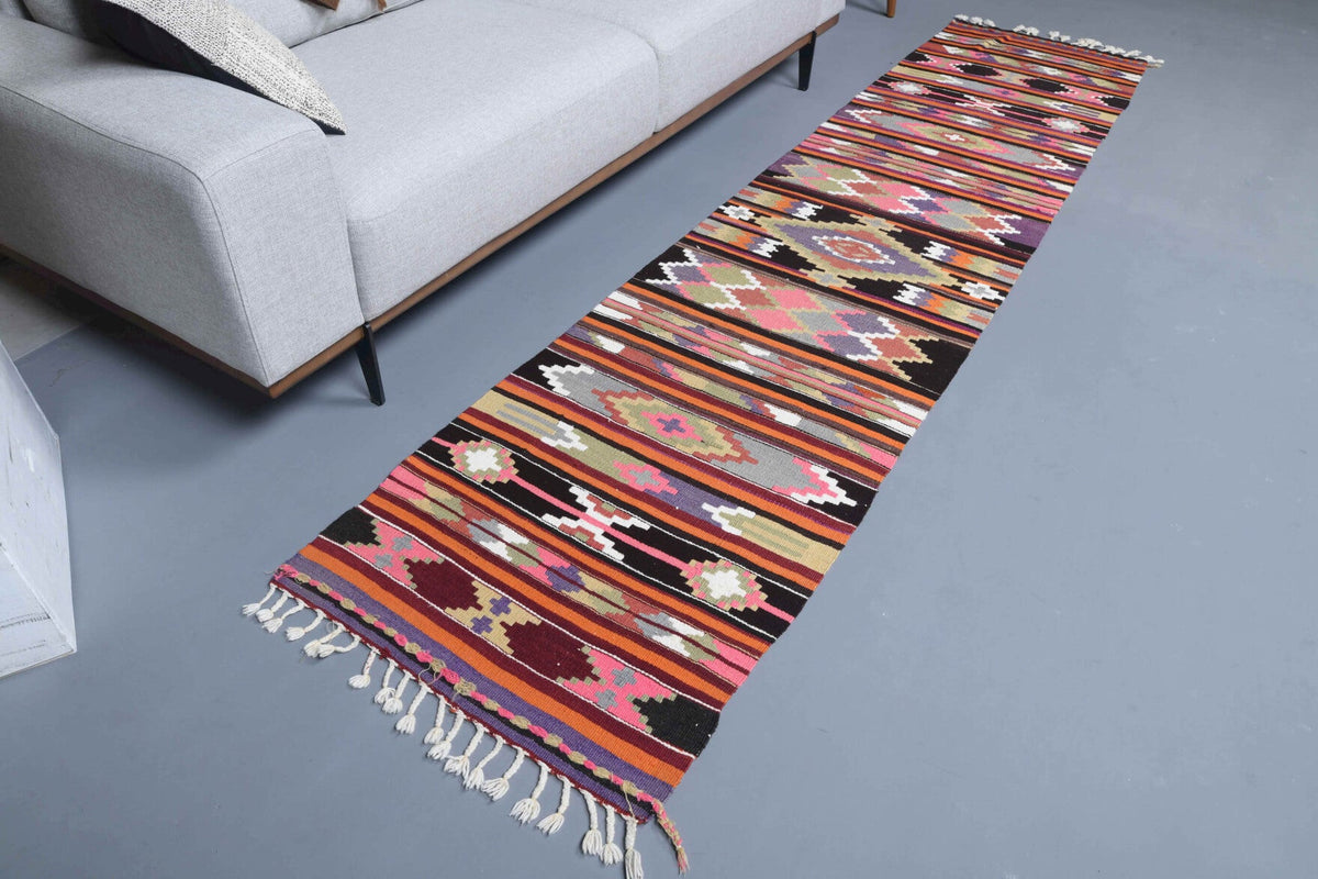 El yapımı vintage yolluk 71x307 cm tribal desenli yün - yakın çekim doku detayı