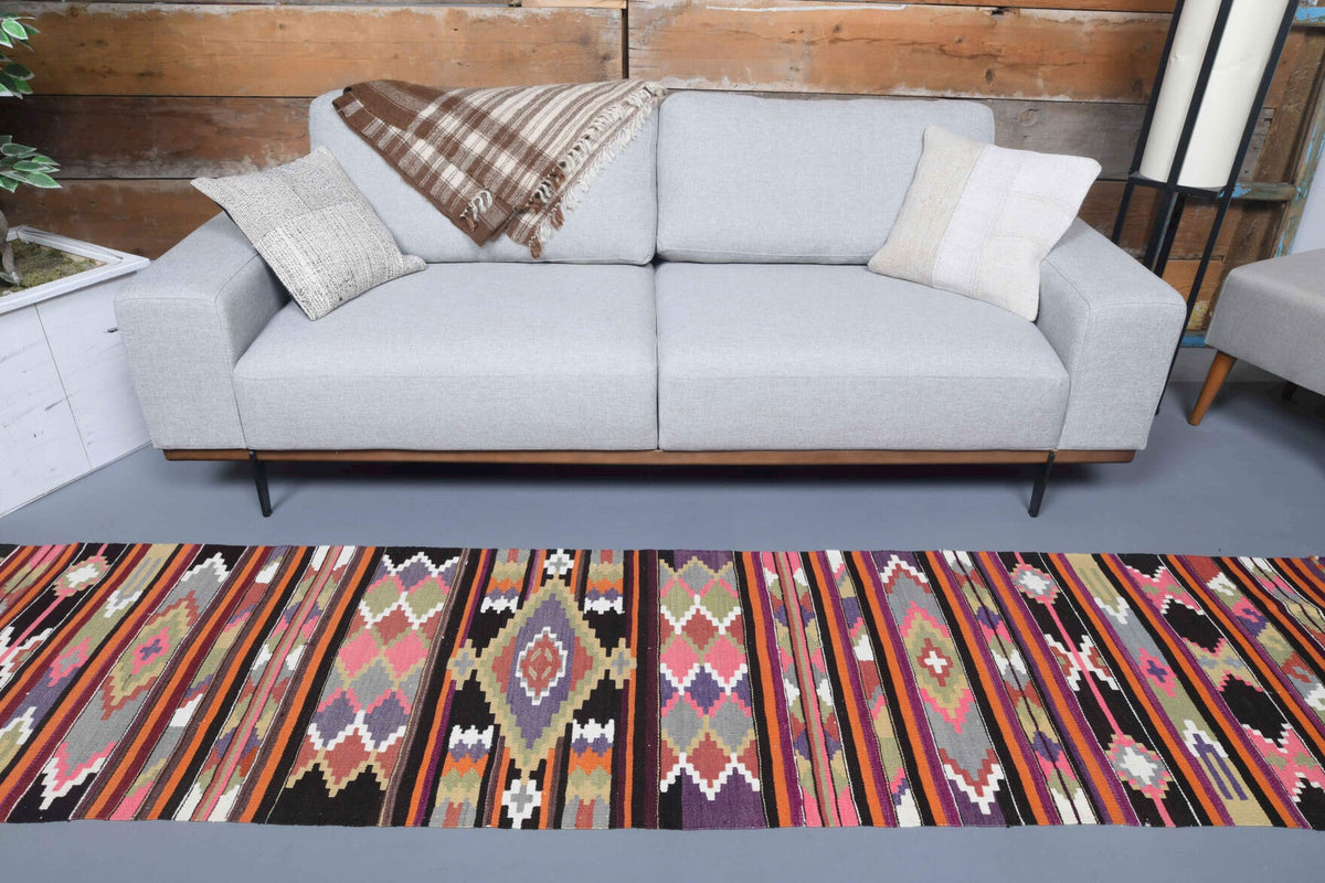 El yapımı vintage yolluk 71x307 cm tribal desenli yün - kenar ve saçak detayı