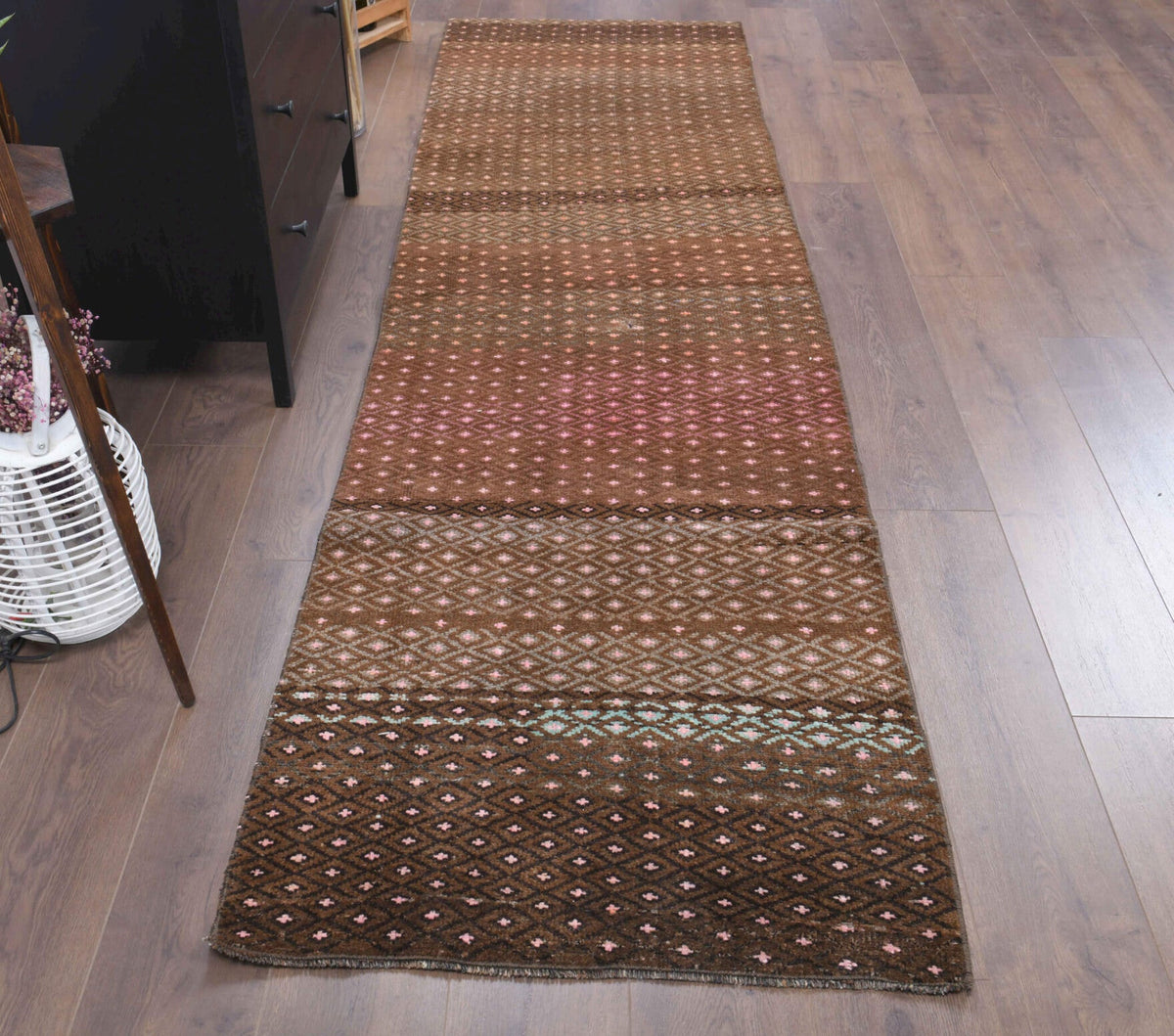 El yapımı vintage yolluk 81x310 cm i̇kat desenli yün - detay görünümü