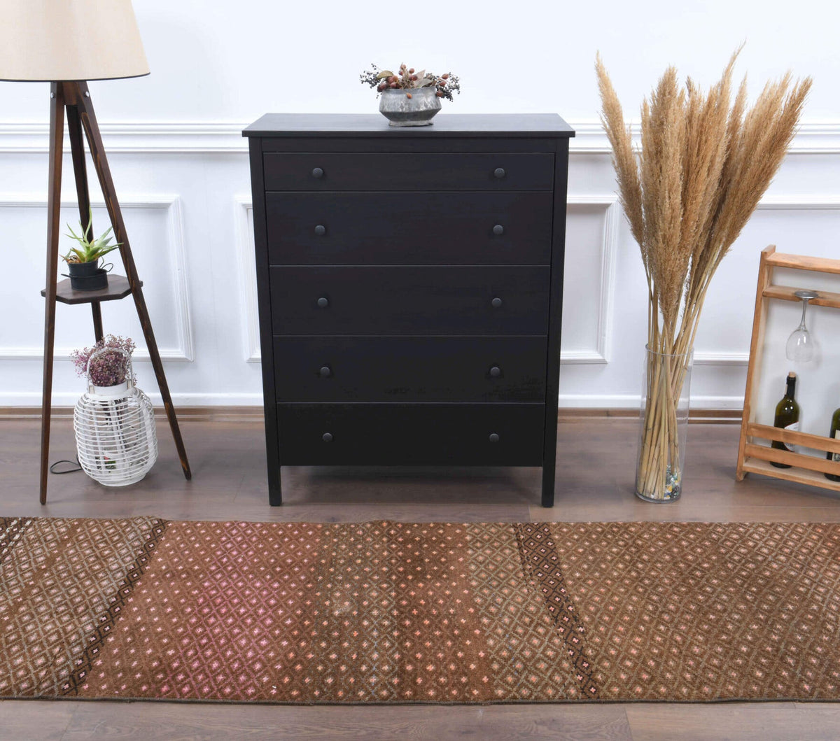 El yapımı vintage yolluk 81x310 cm i̇kat desenli yün - kenar ve saçak detayı