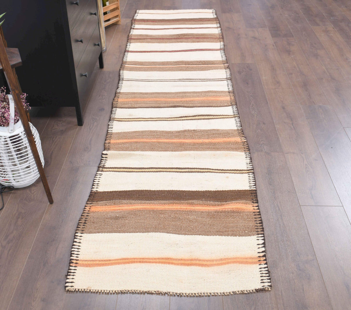 El yapımı vintage yolluk 79x345 cm çizgili desenli yün - detay görünümü