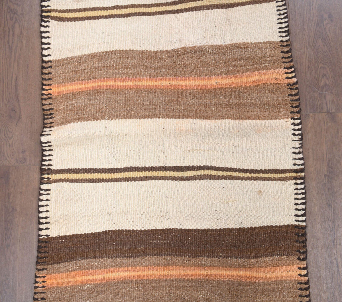 El yapımı vintage yolluk 79x345 cm çizgili desenli yün - yakın çekim doku detayı
