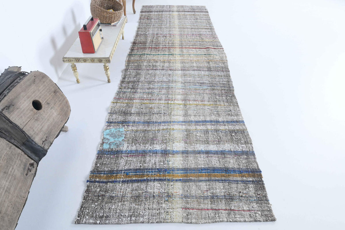 El yapımı vintage yolluk 109x368 cm çizgili desenli yün - detay görünümü