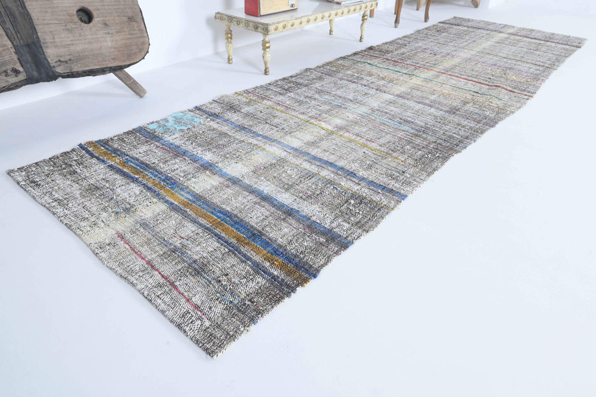 El yapımı vintage yolluk 109x368 cm çizgili desenli yün - yakın çekim doku detayı
