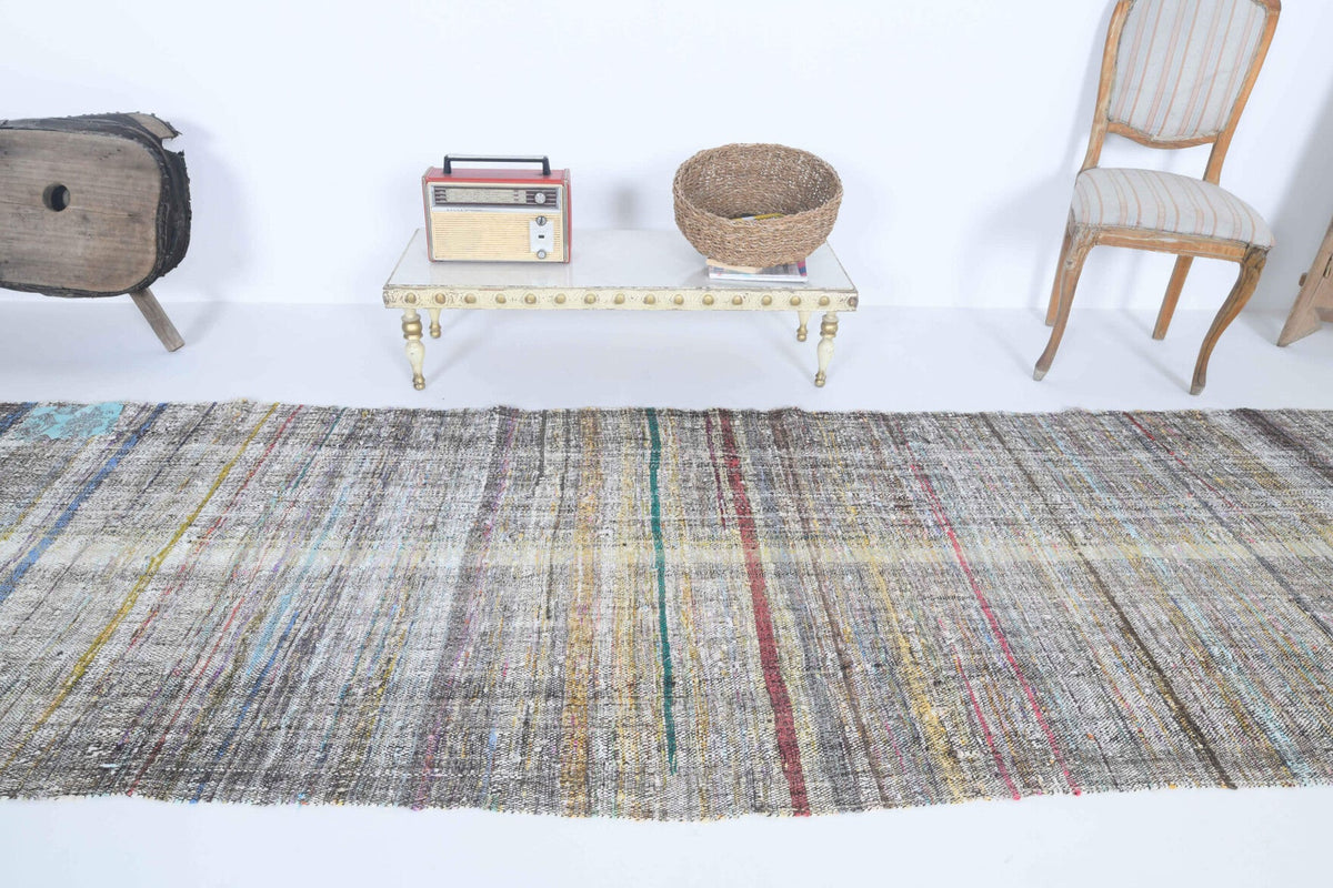 El yapımı vintage yolluk 109x368 cm çizgili desenli yün - kenar ve saçak detayı