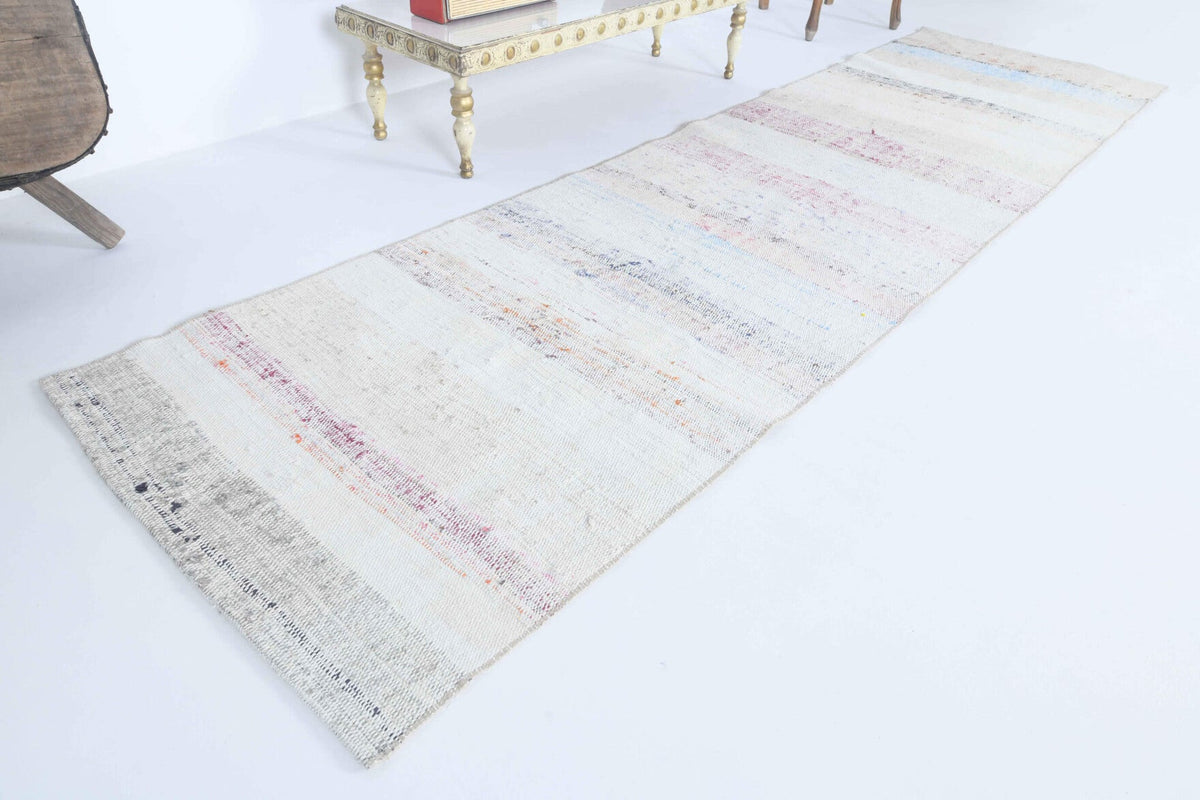 El yapımı vintage yolluk 79x287 cm çizgili desenli yün - yakın çekim doku detayı