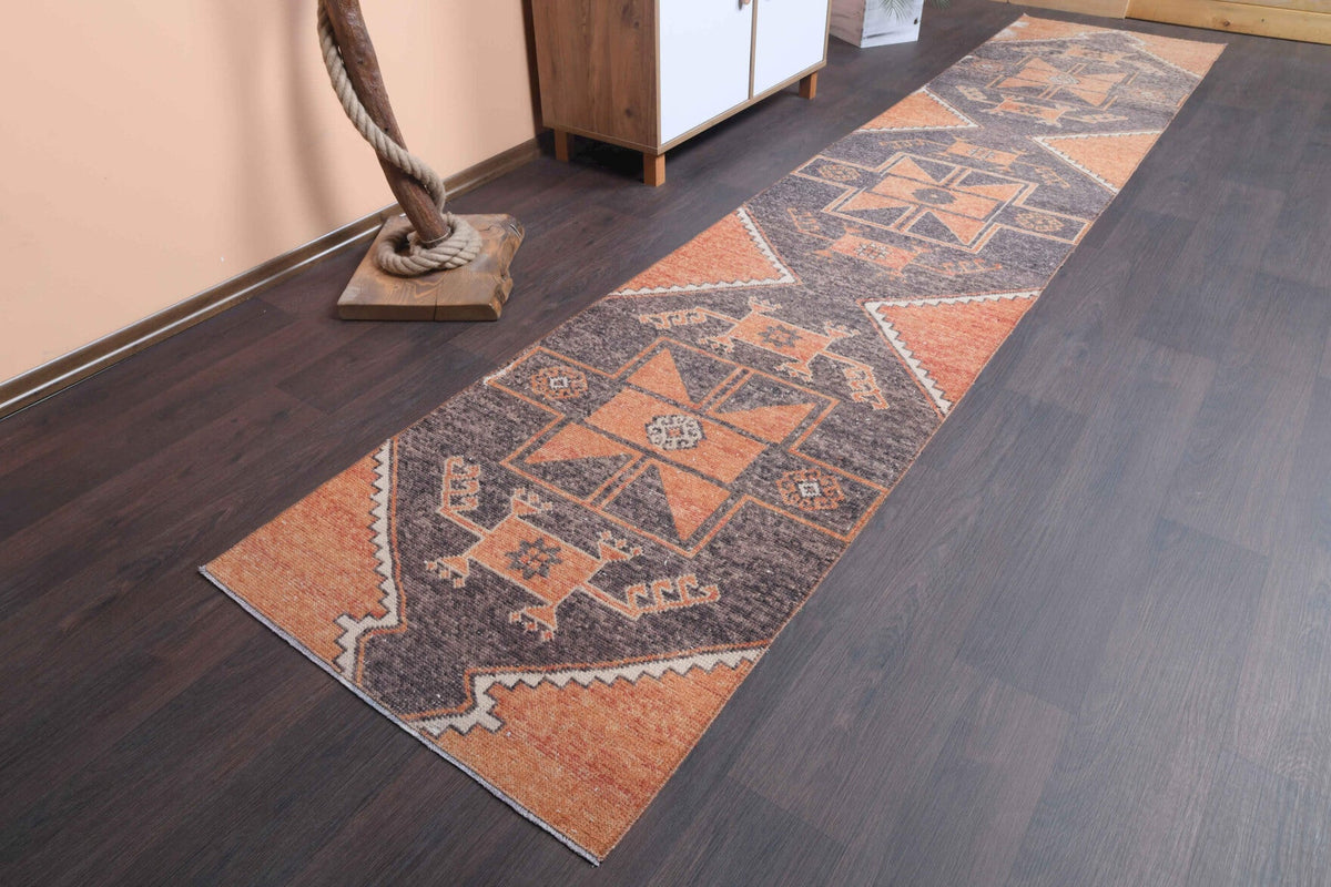 El yapımı vintage yolluk 79x394 cm geometrik desenli yün - detay görünümü