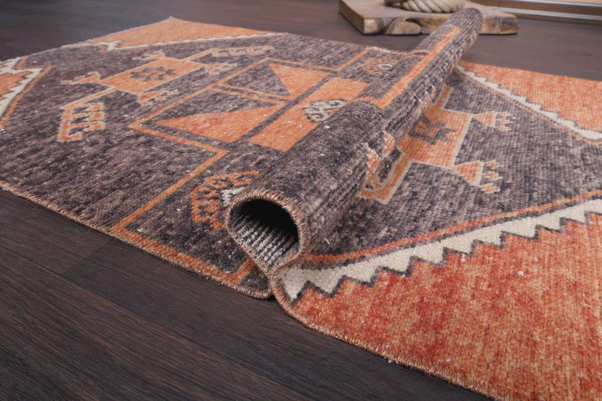 El yapımı vintage yolluk 79x394 cm geometrik desenli yün - üstten görünüm