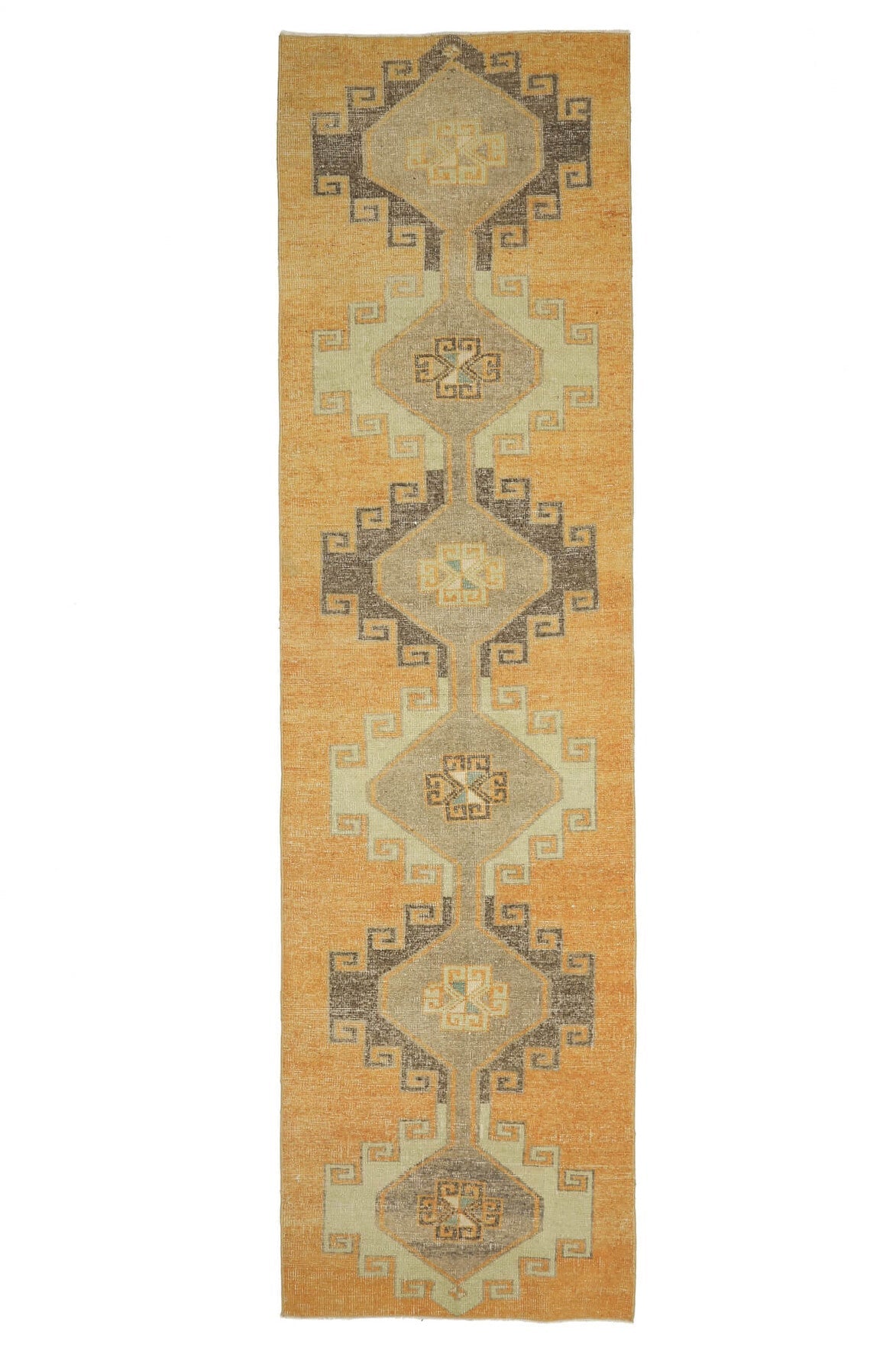 El yapımı vintage yolluk 94x356 cm geometrik desenli yün - üstten görünüm