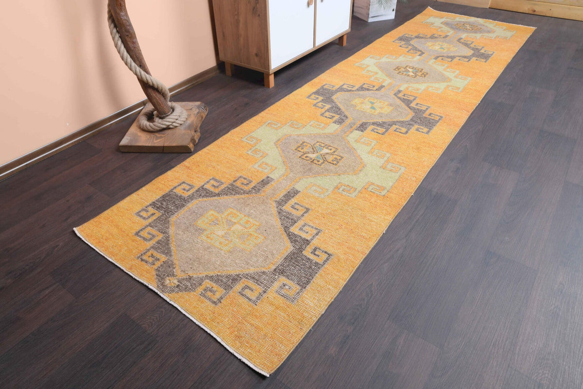 El yapımı vintage yolluk 94x356 cm geometrik desenli yün - detay görünümü