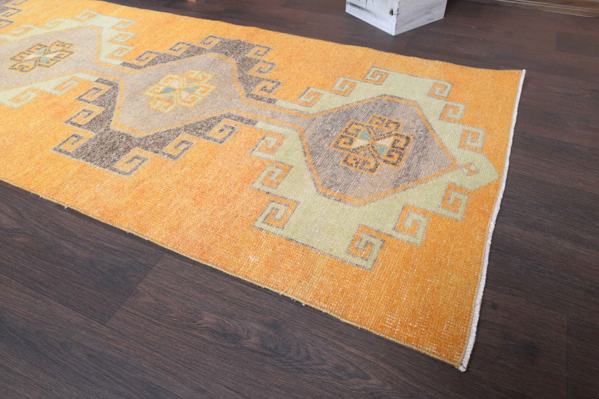 El yapımı vintage yolluk 94x356 cm geometrik desenli yün - kenar ve saçak detayı