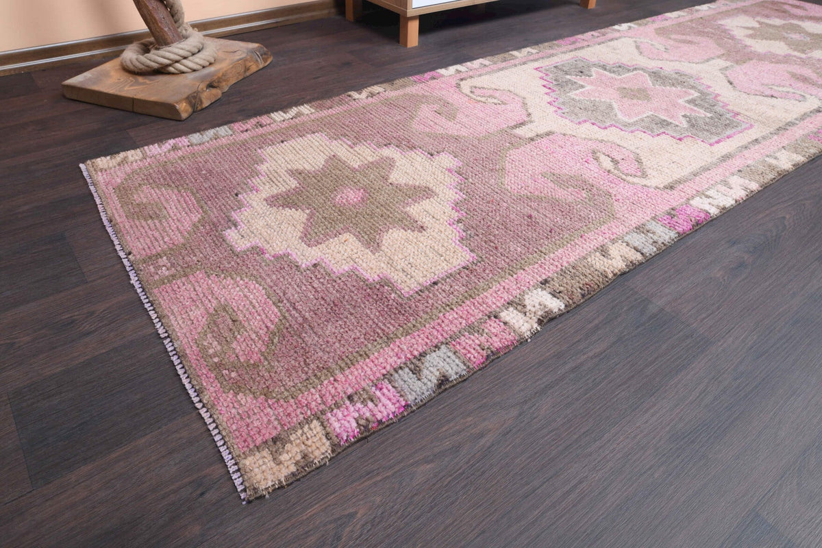 El yapımı vintage yolluk 89x284 cm oryantal desenli yün - yakın çekim doku detayı