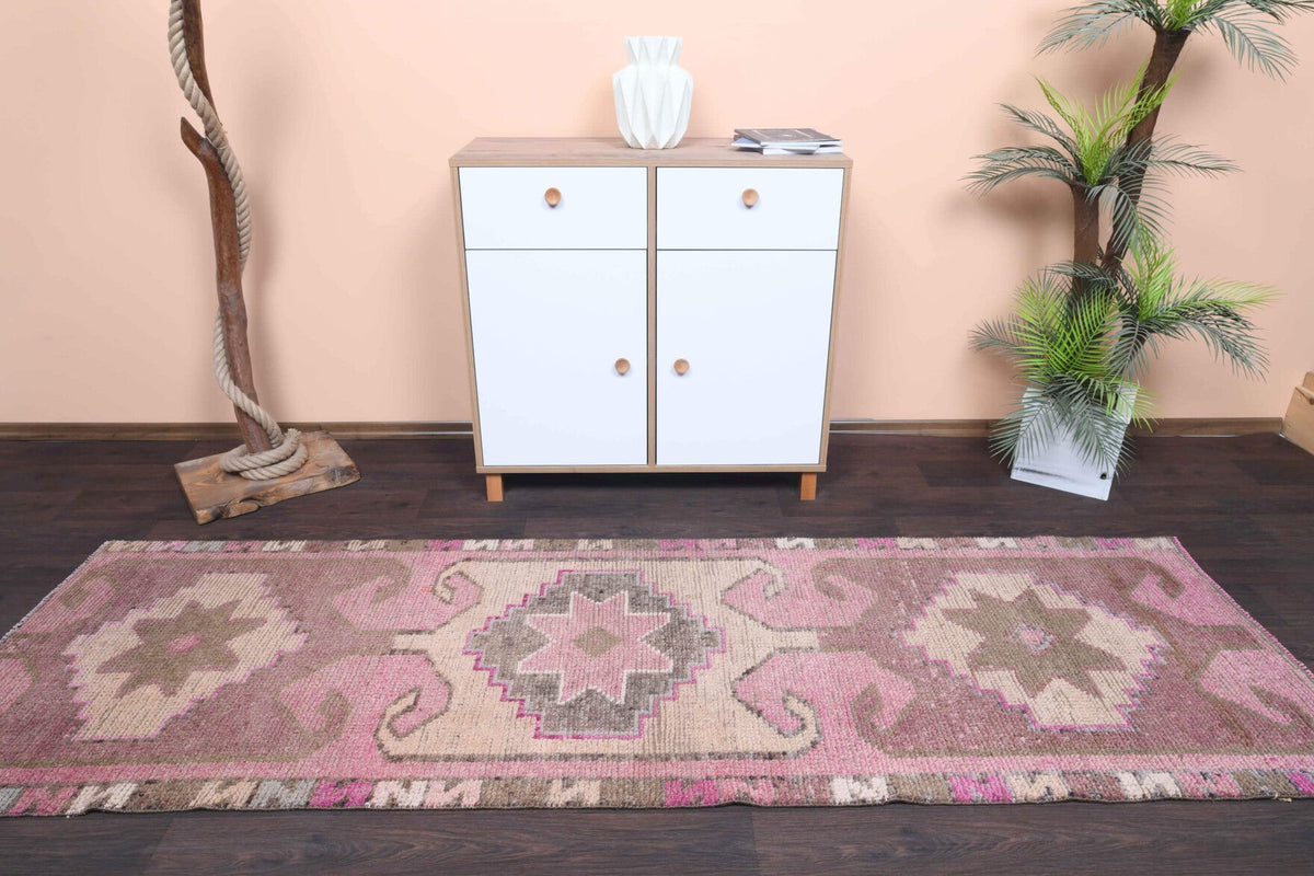El yapımı vintage yolluk 89x284 cm oryantal desenli yün - kenar ve saçak detayı