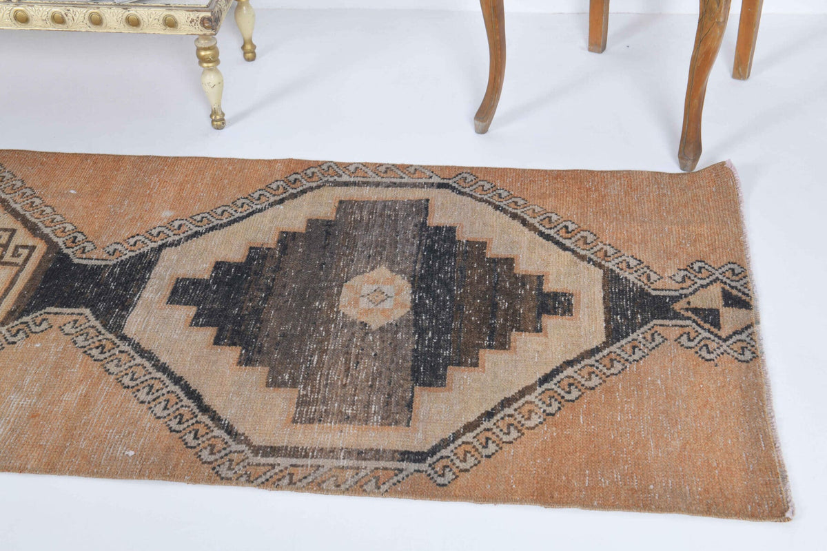 El yapımı vintage yolluk 79x307 cm geometrik desenli yün - kenar ve saçak detayı