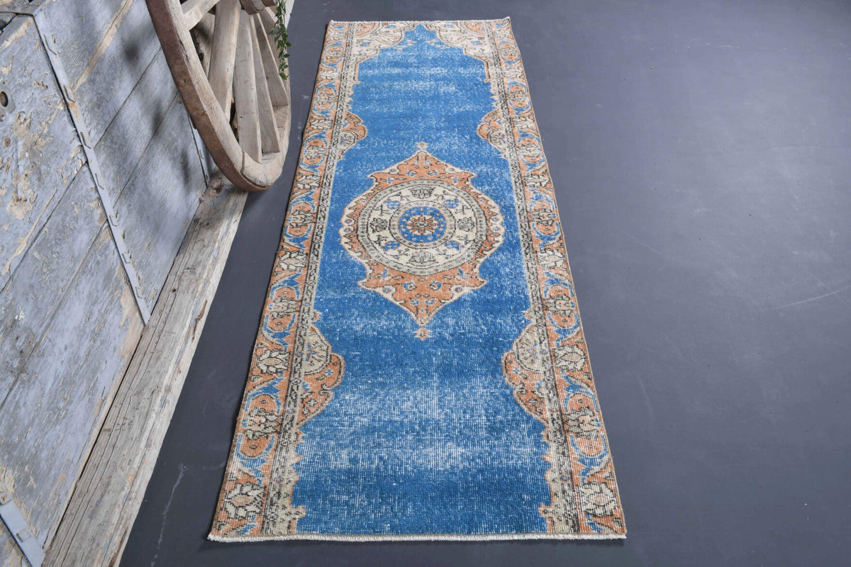 El yapımı vintage yolluk 79x257 cm madalyonlu desenli yün - detay görünümü