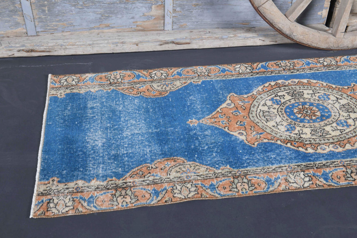 El yapımı vintage yolluk 79x257 cm madalyonlu desenli yün - yakın çekim doku detayı