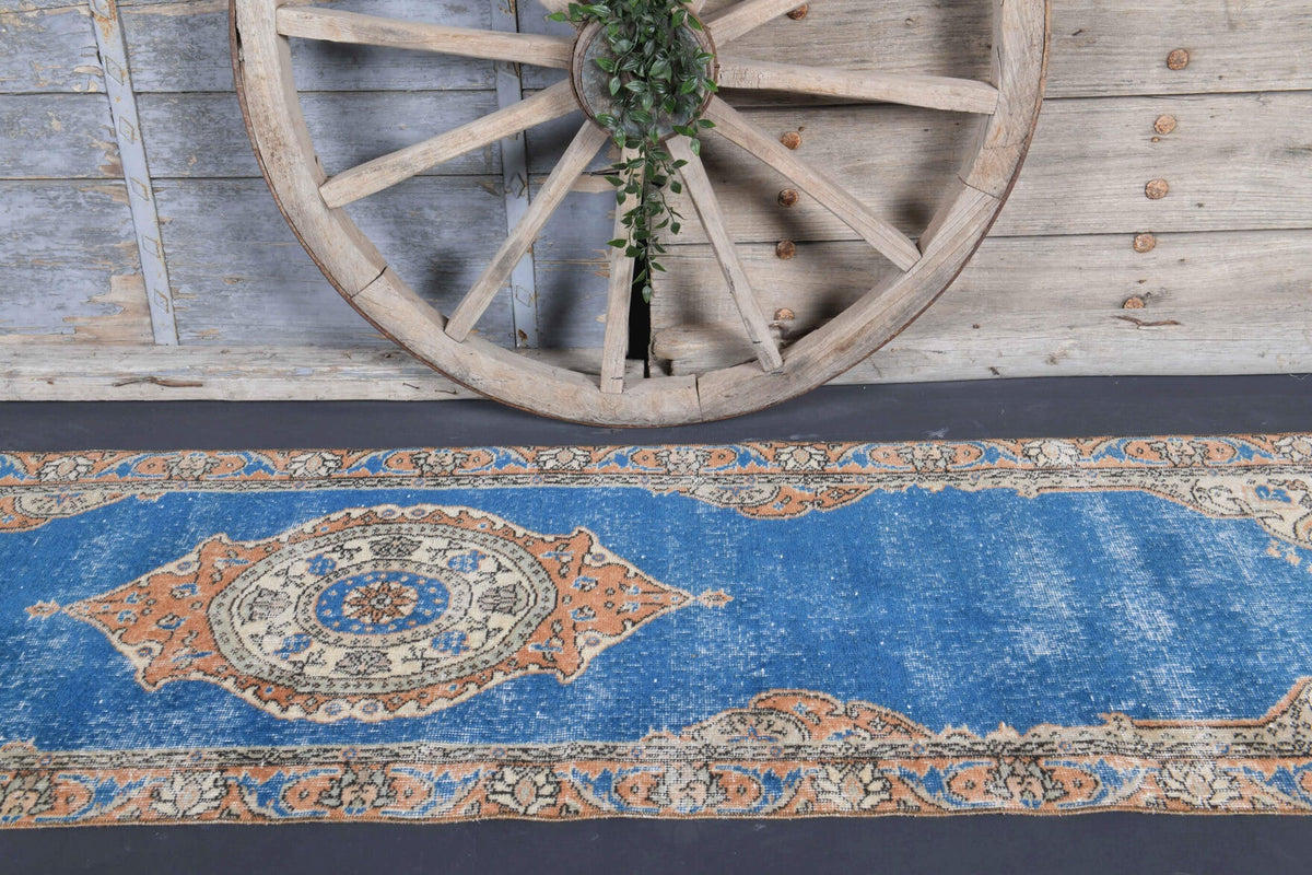 El yapımı vintage yolluk 79x257 cm madalyonlu desenli yün - kenar ve saçak detayı