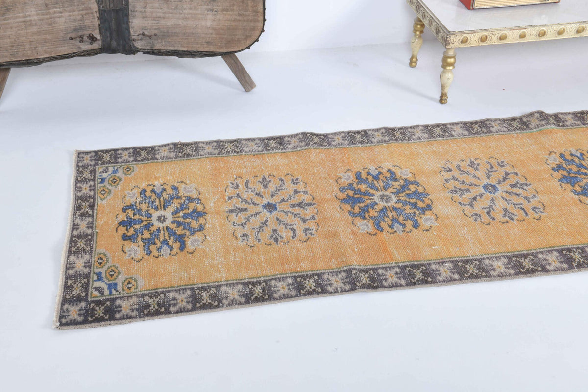 El yapımı vintage yolluk 76x307 cm oryantal desenli yün - yakın çekim doku detayı